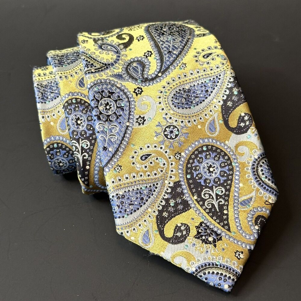 Giorgio Brutini Collezione Tie Gold/Blue Paisley Floral Handmade Polyester